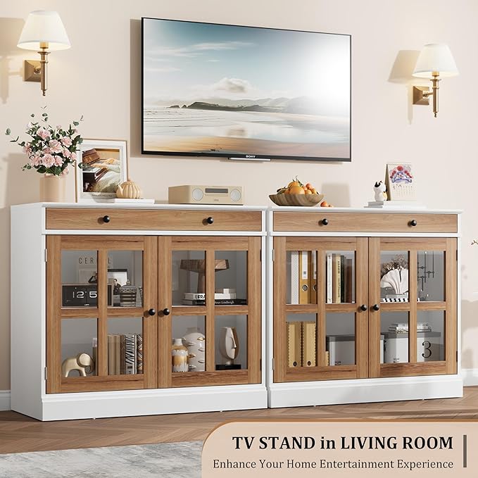 GarveeHome 35.4" Sideboard Buffet Cabinets with Glass Door, Buffet Cabinet with Storage, White&Brown Sideboard Cabinet with Drawer, Modern Buffets & Sideboards for Dining Room, Kitchen