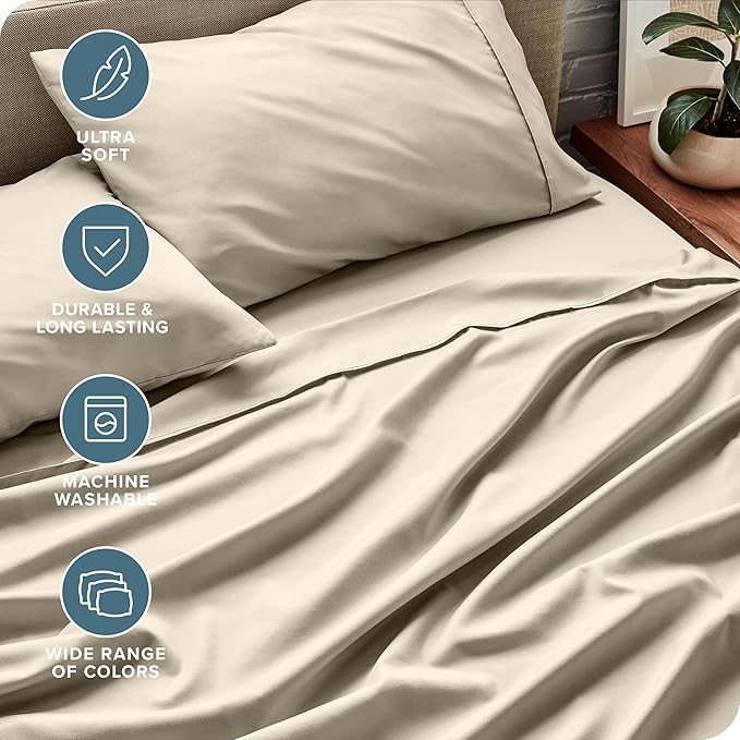 Bare Home Split Head Flex King Sheet Set - 1800 Ultra-Soft Microfiber Bed Sheets - Double Brushed - Deep Pockets - Easy Fit - 4 Piece Set - FlexTop King Bedding (Split Head Flex King, Sand)