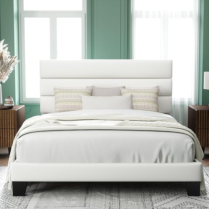 Allewie Queen Size Platform Bed Frame with Velvet Upholstered Headboard and Wooden Slats Support, Fully Mattress Foundation/No Box Spring Needed/Easy Assembly, White