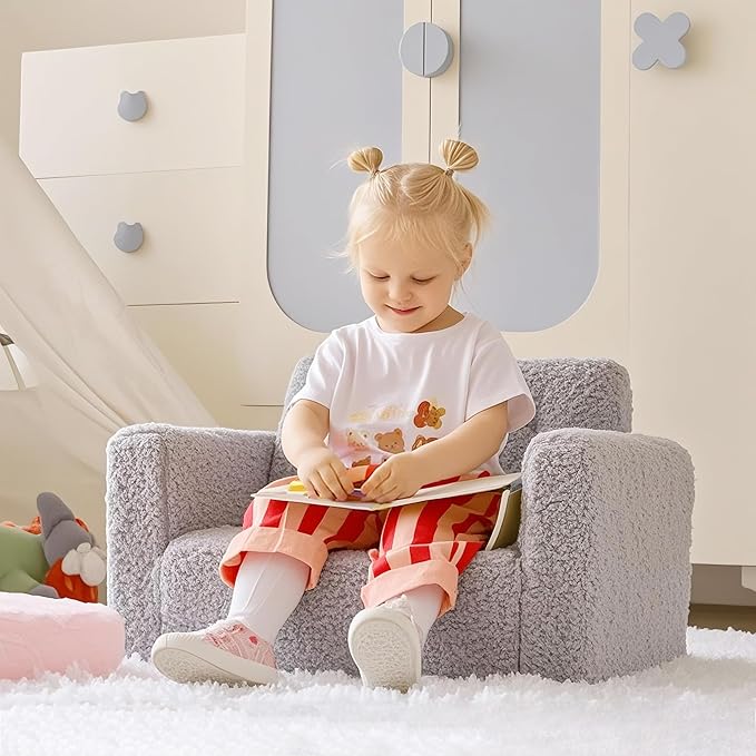 ALIMORDEN 2-in-1 Flip Out Cuddly Sherpa Toddler Couch, Convertible Sofa to Lounger, Grey