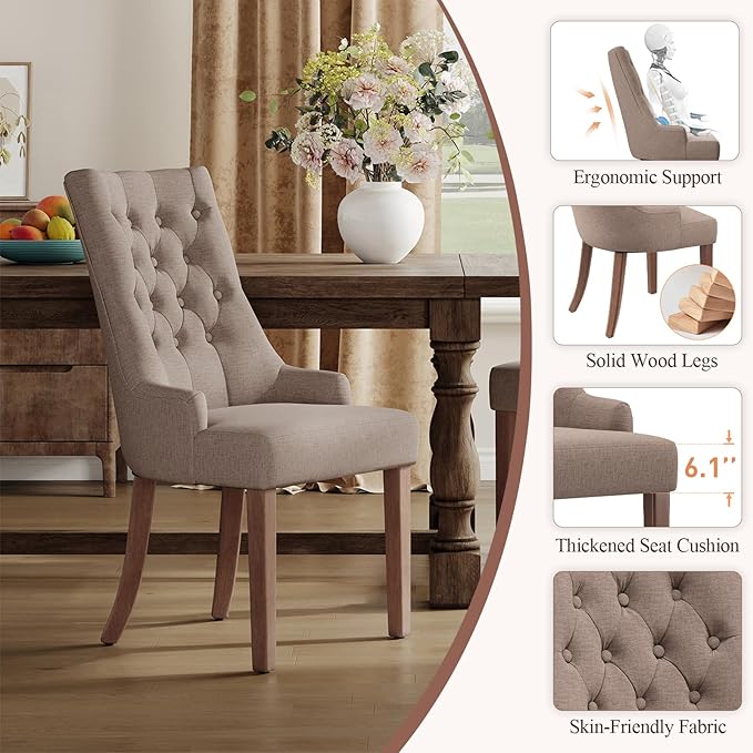 COLAMY Wingback Upholstered Side Dining Room Chairs Set of 6, Fabric Dining Chairs with Tufted Button, Living Room Chairs for Home Kitchen, Taupe