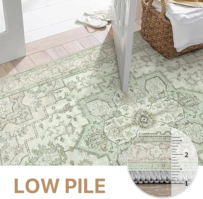 GENIMO 10x12 Area Rugs for Living Room, Machine Washable Non Slip Vintage Rugs, Low Pile Lightweight Chenille Print Rug for Bedroom, Dining Room, Home Office, Oat Light