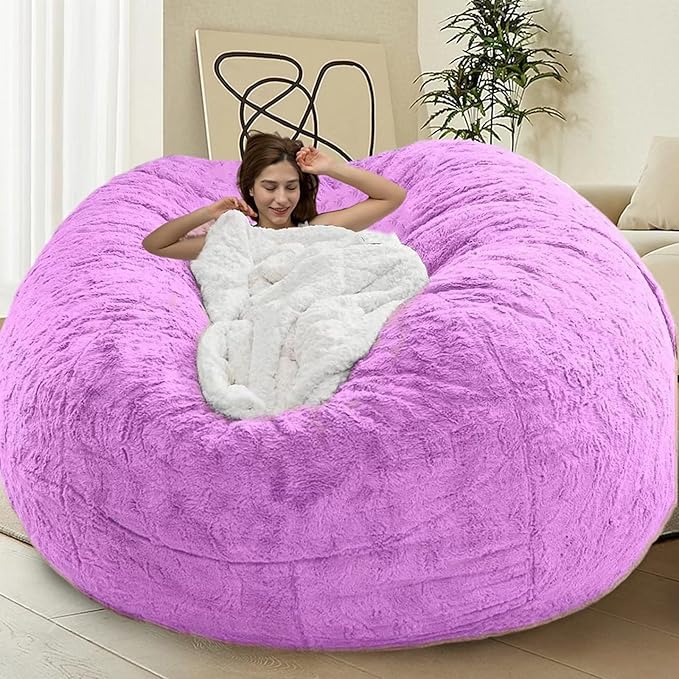 Bean Bag Chair Cover for Kids Adults Without Filling Comfy Giant Round Lazy Sofa Covers for Bedroom Living Room, 7FT, Purple