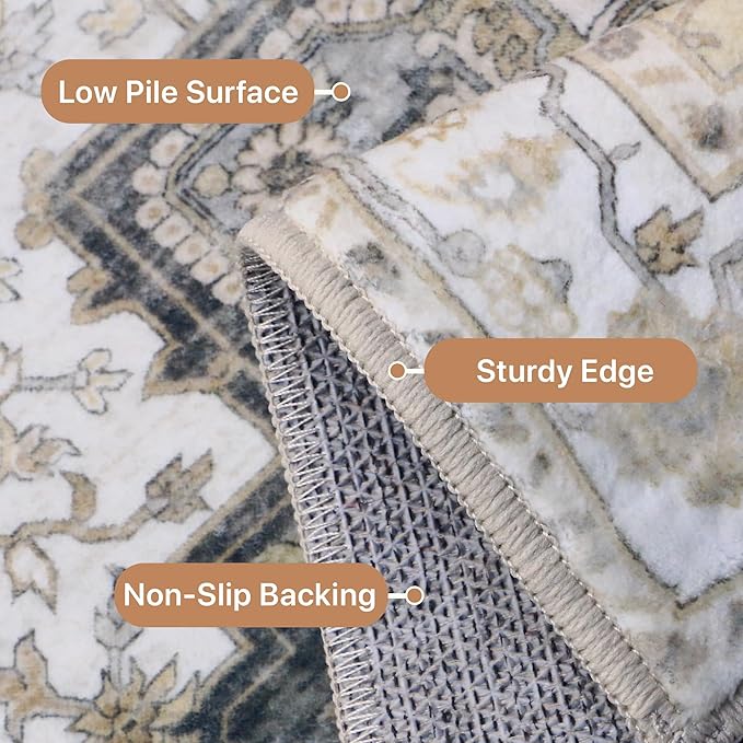 GENIMO 5x7 Area Rugs for Living Room, Machine Washable Non Slip Vintage Rugs, Low Pile Lightweight Chenille Print Rug for Bedroom, Dining Room, Home Office, Heathered Grey