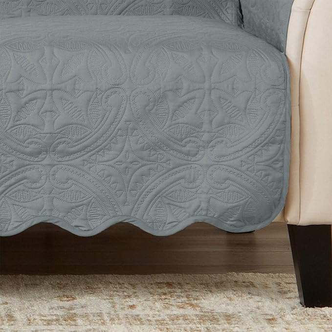 Medallion Stitched Solid Furniture Protector Stain Resistant Durable Furniture Protector Elenor Collection (Sofa, Mirage Gray/Flax)