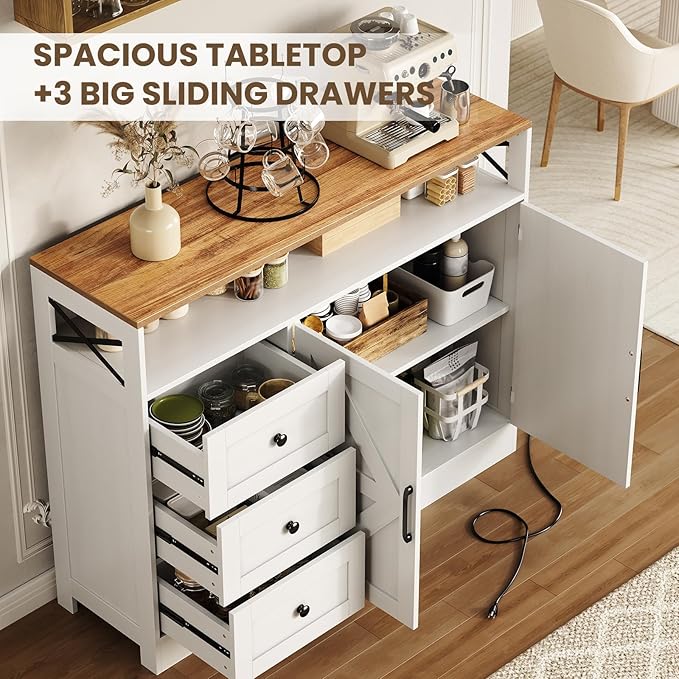 47inch Farmhouse Buffet Sideboard Cabinet, Wood Cupboard Storage Pantry Cabinet with Drawers, Coffee Bar Station Table for Kitchen Living Dining Room, White