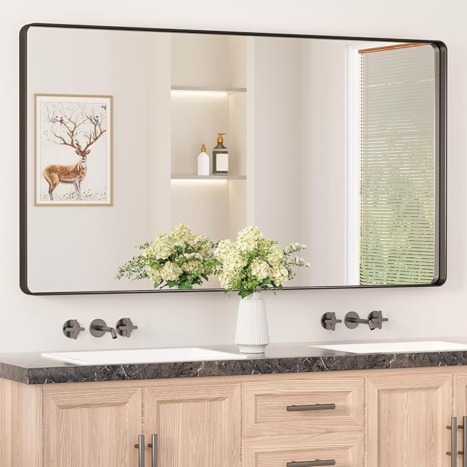 Keonjinn Black Bathroom Mirror for Vanity 55 x 30 Inch Large Metal Framed Wall Mirror Matte Black Rounded Rectangle Farmhouse Mirror, HD Tempered Glass, Modern Decorative Mirror(Horizontal/Vertical)