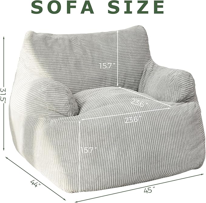 HIGOGOGO Giant Bean Bag Chair Sofa, Big Comfy Chair for Bedroom Living Room, Large Bean Bag Lazy Chair for Adults with Pocket Armrests for Gaming, Reading, Grey