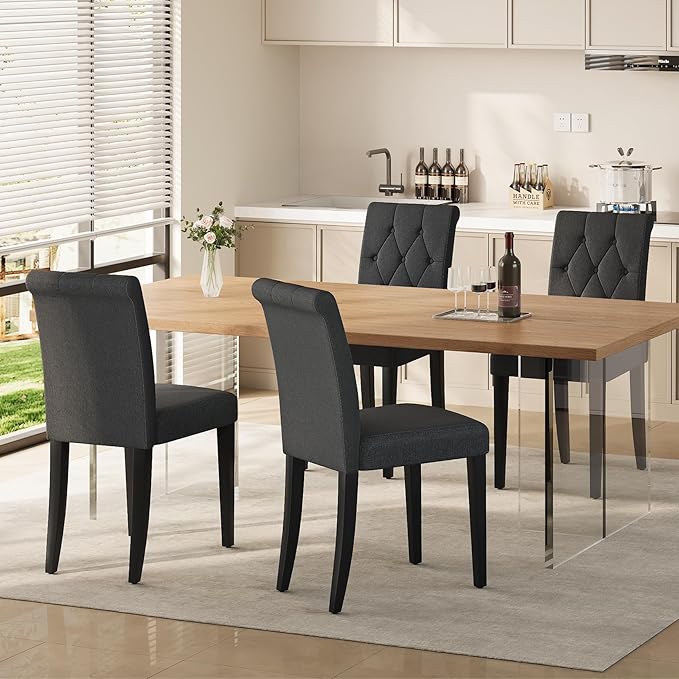 Upholstered Dining Chairs Set of 6, Button Tufted Parsons Dining Chair with Solid Wood Legs, Modern Fabric Side Chair for Dining Room/Kitchen/Restaurant/Hotel- Black