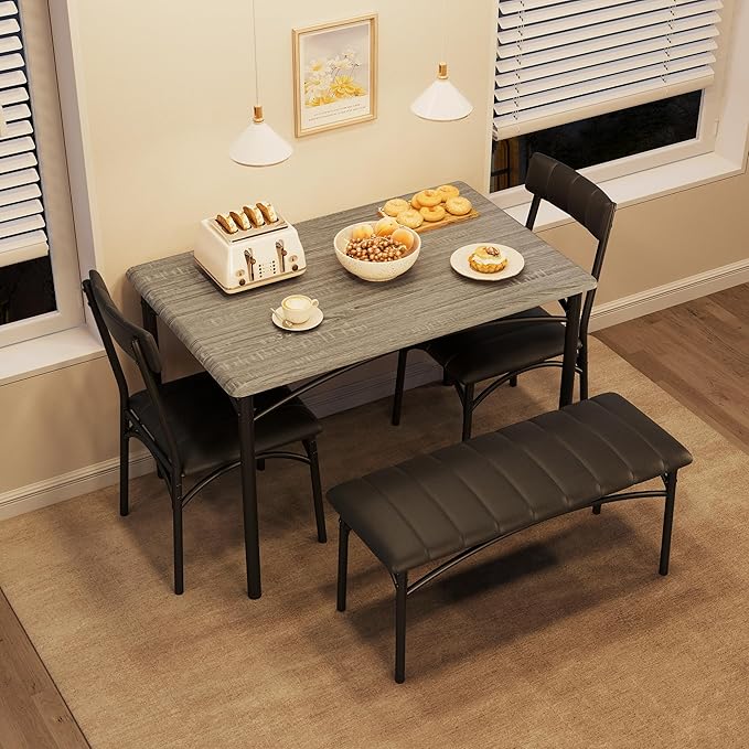GAOMON Dining Table Set for 4 with Upholstered Bench and 2 Chairs, Rectangular Dining Room Table Set for 4 for Small Space, Apartment, Dinner, Rustic Gray