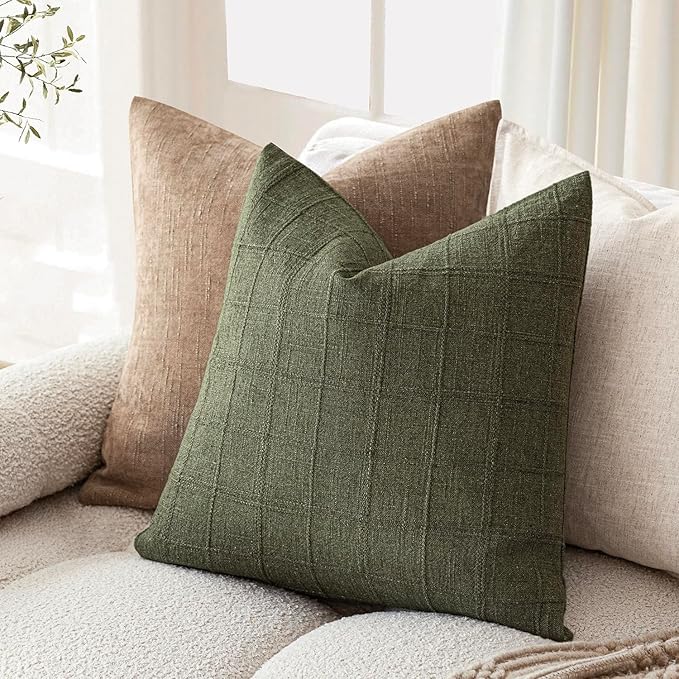 Foindtower Set of 2 Decorative Linen Check Throw Pillow Covers Neutral Farmhouse Vintage Cushion Covers Modern Boho Home Decor for Sofa Chair Couch Bedroom Living Room Outdoor,20×20 Inch,Olive Green
