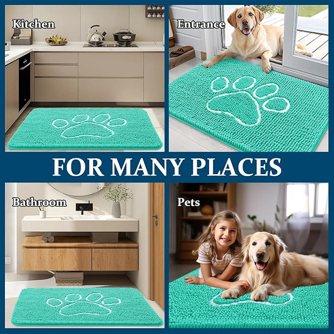 OLANLY Door Mat for Muddy Dog Paws 40x32, Ultra Absorbent Chenille Mud Doormat with Paw Print Design, Non-Slip Washable Doormat for Indoor Entryway, Quick-Dry Pet Bed Mats for Dirty Dogs, Teal