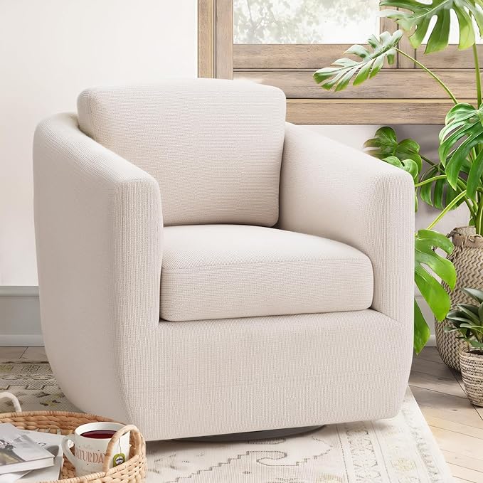 COLAMY 360° Swivel Accent Chair with Pillow - Comfy Living Room Armchair No-Sag Foam & Sturdy Metal Base, Fully Assembled Swivel Accent Single Sofa for Bedroom Living Room, Office, Beige