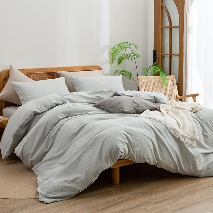 BESTOUCH Duvet Cover Set 100% Washed Cotton Linen Feel Super Soft Comfortable Chic Lightweight 3 PCs Home Bedding Set Solid Northern Droplet Grey Full/Double