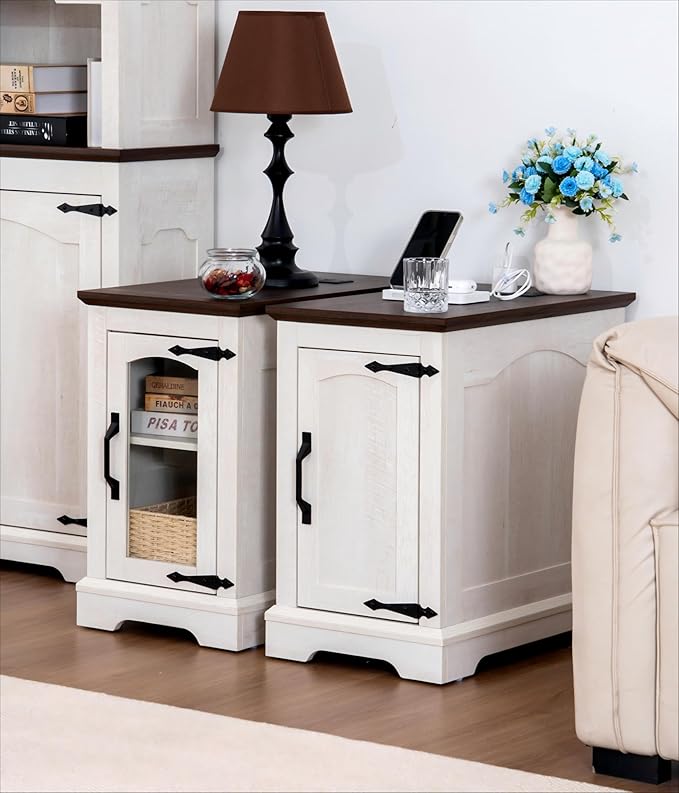 Narrow Side Table with Charging Station,13.8" W End Table with Storage for Sofa Couch or Bed Side with Outlets & USB Ports,Farmhouse Nightstand for Bedroom, Living Room (White & Walnut)