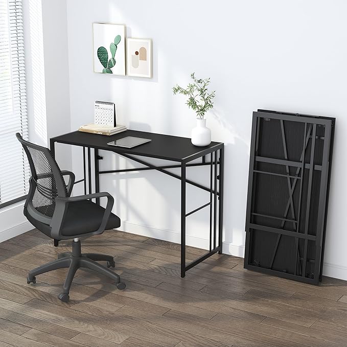 Narrow Folding Computer Desk 35 inch, Writing Gaming Computer Desk for Small Spaces, No Assembly Required Small Office Table, Black