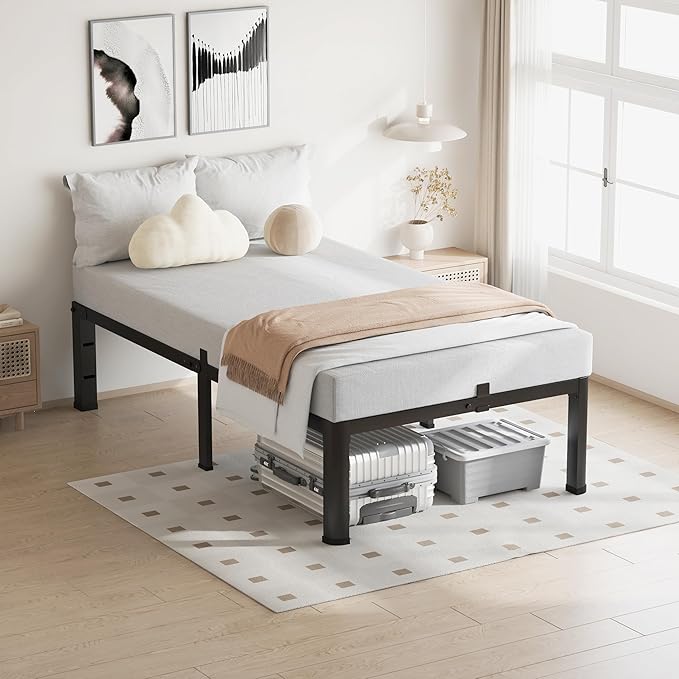 16 Inch Twin Size Bed Frame, 3500Lbs Heavy Duty Metal Platform with Round Corner Legs Mattress Slide Stopper, Steel Slat Support No Box Spring Needed, Noise Free, Non-Slip, Easy Assembly