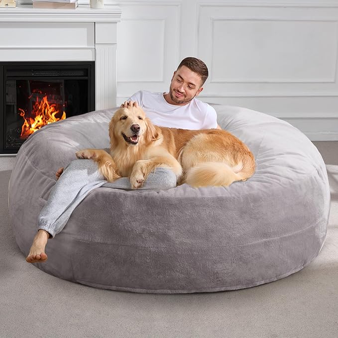Hobestluk 6ft Bean Bag Chairs for Adults Large Beanbag Chair with Plush Faux Fur Cover Big Bean Bag Chair for Living Room Bedroom Dorm Office - Grey (70" x 70" x 15")