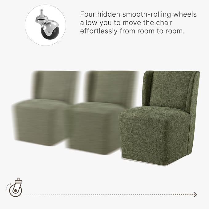 Upholstered Dining Chair with Casters Wingback Modern Side Armless Deskchair with Rollers for Diningroom Bedroom Livingroom Reading Room,Green,4 Box