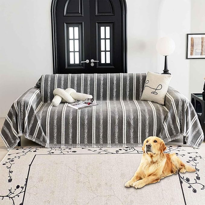 Couch Cover for Dogs Washable Sofa Cover, Sectional Couch Covers, Sofa Covers for 2 Cushion Couch, Non Slip Stripe Sofa Slipcovers Furniture Protector, Couch Protector from Cat Claws, Grey,75''x118''
