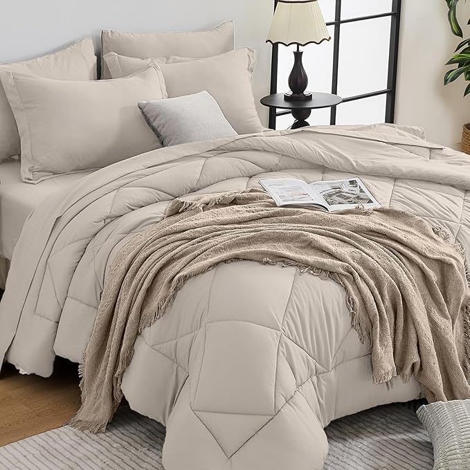 HEVUMYI Beige Tan Twin Comforter Set - 5-Piece All Season Bed in a Bag Twin, Ultra Soft Bedding Set with Comforter, Flat Sheet, Fitted Sheet, Pillowcases, Pillow Shams, Beige Tan