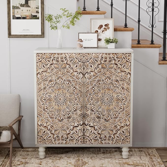 COSIEST Set of 2 32" Buffet Sideboard Cabinets with Vintage Firework Carved Pinewood Doors, Push-to-Open, Storage Accent Cabinet for Living Room, Kitchen, Hallway, Gray