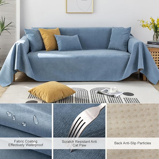 STACYPIK 100% Waterproof Blue Couch Cover for Pets, Sectional L Shape Sofa Cover for 2 Cushion Couch, Anti-Cat Scratch Furniture Protector Cover, Anti Slip Sofa Throw Cover for Dogs Kids-71x71IN