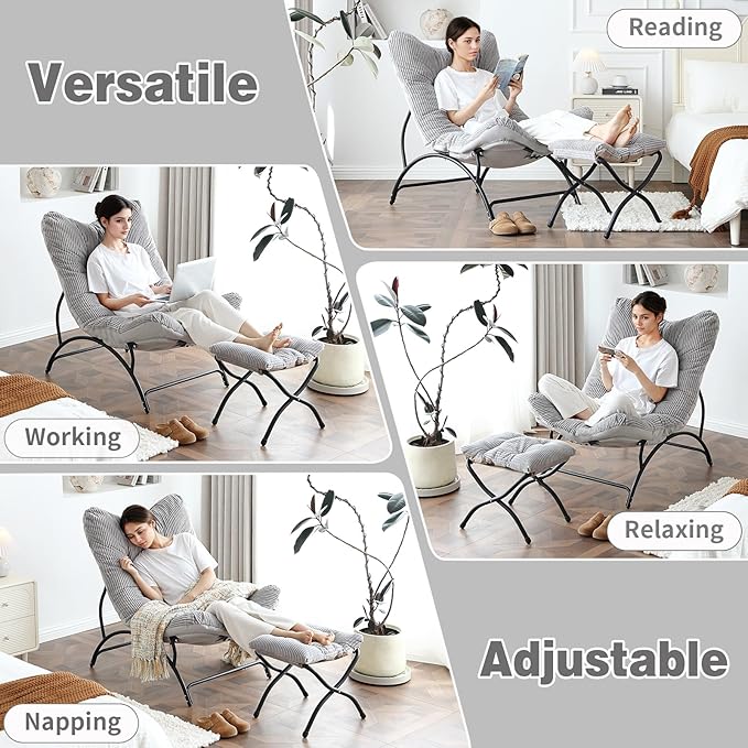 Welnow Accent Chair with Ottoman, Lounge Comfy Soft Leisure Metal Frame Reading Chair with Footrest, Upholstered Thick Cushion Seated Recliner Sofa for Living Room, Bedroom, Dorm, Light Grey