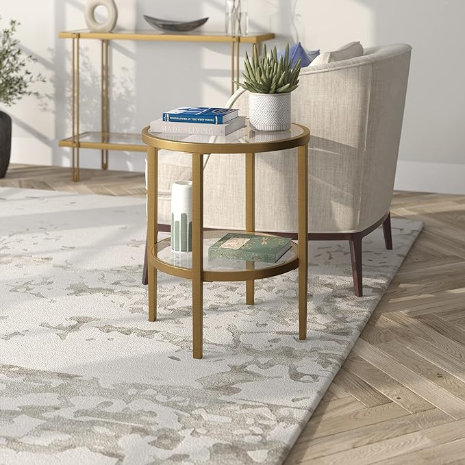 Henn&Hart 20" Wide Round Side Table with Glass Shelf in Antique Brass, Table for Living Room, Bedroom