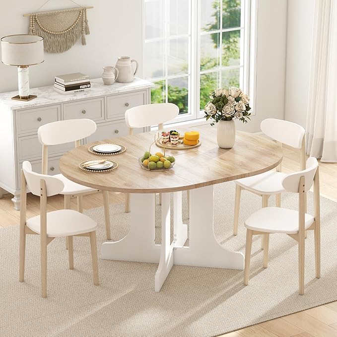43"-59" Expandable Round Dining Table, Extendable Dining Room Table for 4-6, Oval Tabletop with Removable Leaf, Trestle X-Shaped Base & Metal Track for Dining Room, Living Room-Oak