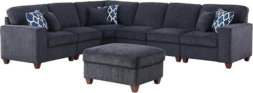 116" Convertible Sectional Couch with Movable Ottoman and 6 Throw Pillows,Chenille Upholstered Comfy Sofa 7 Seater,L-Shaped,Free Combination,Easy Assembly for Living Room,Apartment,Dark Gray