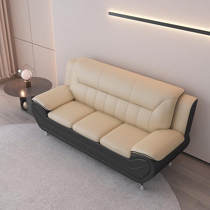 Container Furniture Direct Michael Modern Faux Leather Upholstered Stainless Steel Legs Living Room Sofa, Black Camel