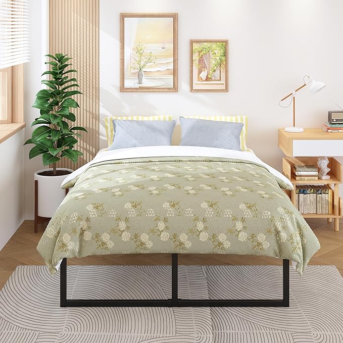 18 Inch Queen Bed Frame Heavy Duty Steel Slat Support Metal Queen Size Platform Bed Frame No Box Spring Needed, Easy Assembly, Black