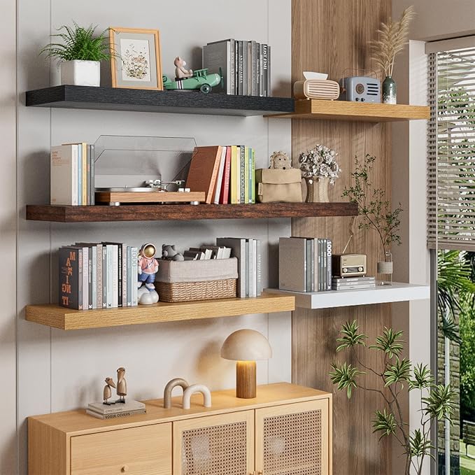 Heimlove 48W x 12D Long Floating Shelf, 12 Inch Deep White Floating Shelves for Wall Set of 2, Wood Shelves for Bedroom Living Room Bathroom Kitchen Home Office, Wall Shelves with Heavy Duty Bracket