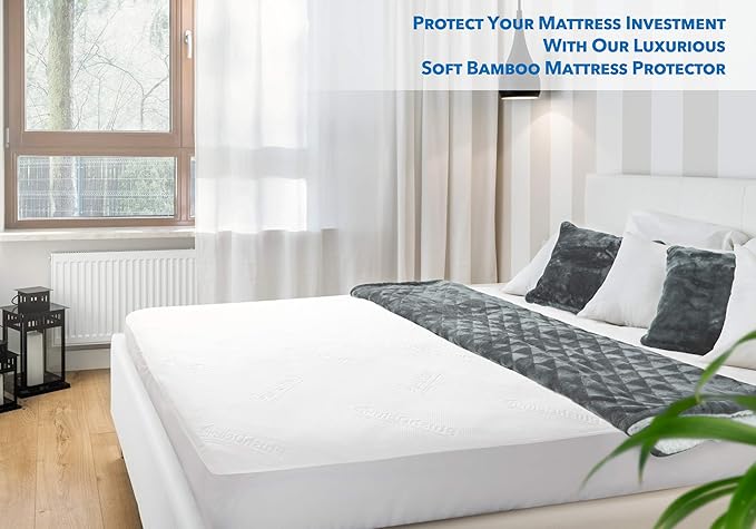 PlushDeluxe Premium Bamboo Mattress Protector – King Size, Waterproof, & Ultra Soft Breathable Noiseless Washable Bed Mattress Cover for Comfort & Protection - White