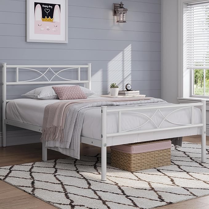 Yaheetech Metal Twin Size Bed Frame, Platform Bed Frame, Mattress Foundation with Curved Design Headboard & Footboard, NO Box Spring Needed, Heavy-Duty Support, Easy Assembly, Twin, White