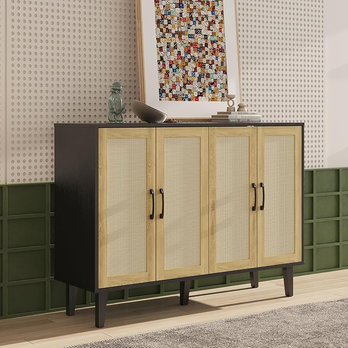 Storage Cabinet with Rattan Trim - 4 Door Sideboard Buffet Cabinet with Storage, Accent Cabinet with Shelves for Bathroom, Coffee Bar, Kitchen, Living Room, Hallway (Black)