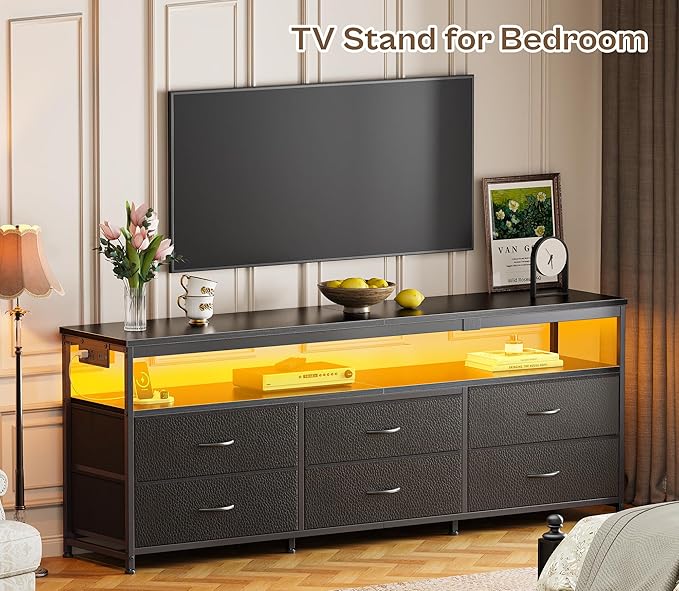 Huuger 63 Inch TV Stand for 55, 65, 70 Inch TV, Long Dresser TV Stand for Bedroom, Black LED TV Stand with Power Outlets, Fabric Drawer Dresser with Storage, Entertainment Center for Living Room