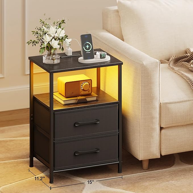Nightstands Set of 2, Night Stand with Charging Station and Led Lights, Bedside Table with 2 Fabric Drawers for Bedroom, Small Side End Table with Open Shelf, Black