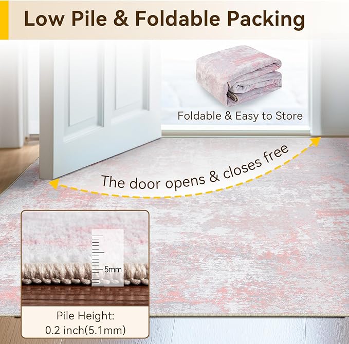 Washable Area Rugs 2'x8' Non-Slip Modern Abstract Soft for Living Room Entryway Bedroom Nursery, Print Pattern, Grey Pink