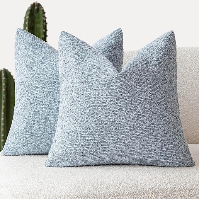 Foindtower Pack of 2 Modern Textured Boucle Throw Pillow Covers Accent Solid Decorative Pillow Cases Cozy Woven Couch Cushion Case for Chair Sofa Bed Living Room Home Decor, 22 x 22 Inch, Light Blue