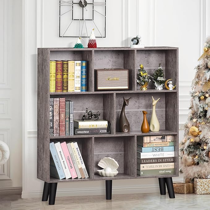 LEYAOYAO 8 Cube Bookshelf,Farmhouse Bookcase with Legs,Modern Dirty Grey Mid-Century Bookshelves,Large 3 Tier Open Storage Organizer Shelf, Retro Wood Display Book Case