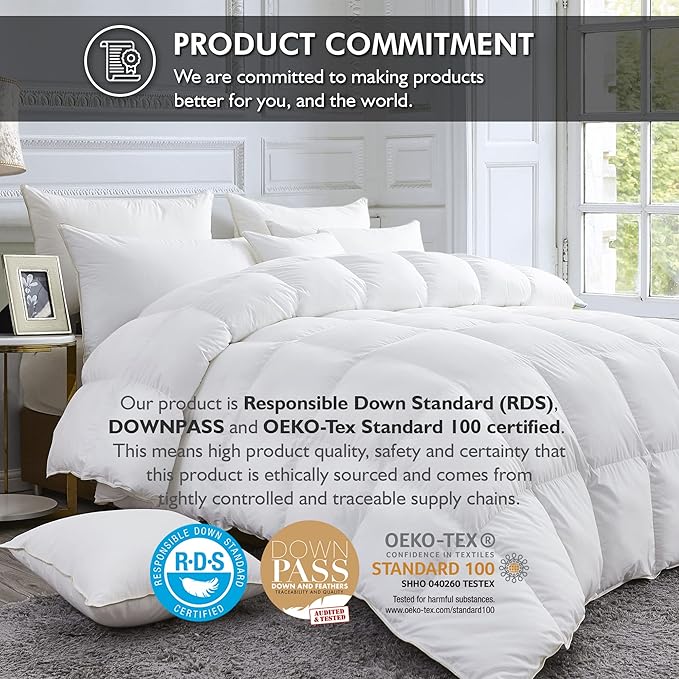 Luxurious White Solid Medium Weight, Twin Size Goose Feathers Down Comforter for All-Season Weather Duvet Insert, Premium Baffle Box, 100% Egyptian Cotton Cover, 55 oz. Fill Weight