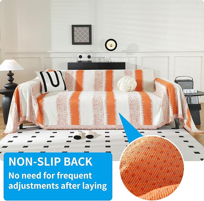 LUFEIJIASHI Boho Couch Covers for Sofa Non Slip Sofa Covers Washable Couch Covers for 3 Cushion Couch Sofa Pet Friendly Sectional Couch Cover Blanket Furniture Protector for Dogs (Orange, 71"x134")