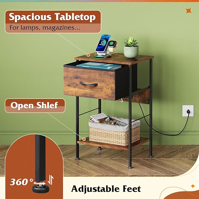 WLIVE Night Stand with Charging Station, Small Nightstand with Fabric Drawer and Open Shelf, 25" H Bedside Table for Bedroom, 2-Tier Storage End Tables, Dresser for Dorm, Entryway, Rustic Brown