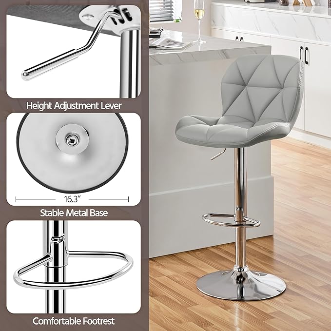 Yaheetech Grey Bar Stools Set of 2, PU Leather Bar Chairs with Backrest, Height Adjustable Swivel Island Stools for Bar, Kitchen Counter, Light Grey