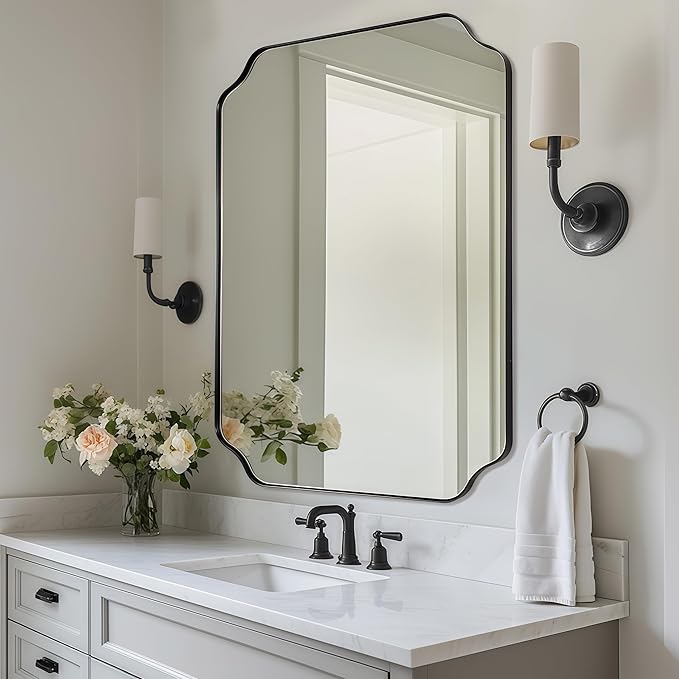 30"x40" Large Bathroom Mirror, Matte Black Scalloped Mirror for Bathroom, Black Irregular Wall Mirror, Unique Shape Design with Superior Stainless Steel Frame, Weigh 30.5Lb