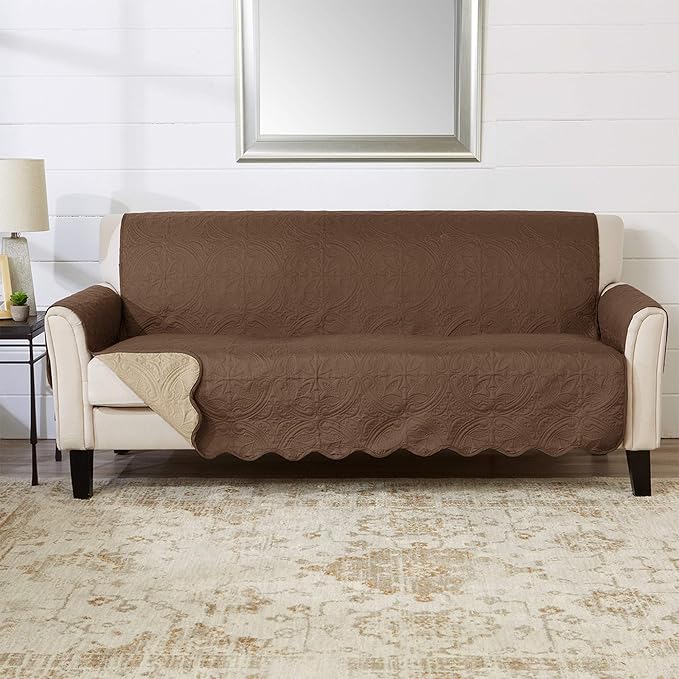 Great Bay Home Medallion Stitched Solid Furniture Protector Stain Resistant Durable Furniture Protector Elenor Collection (Sofa, Chocolate/Taupe)
