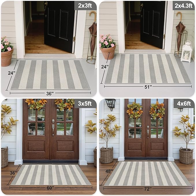 OJIA Fall Front Door Mat Outdoor Entrance 24"x36", Machine Washable Porch Rug Indoor Outdoor Rugs Halloween Doormat Cotton Woven Entryway Rug Striped Small Area Rugs for Kitchen (Gray/White/Tan)