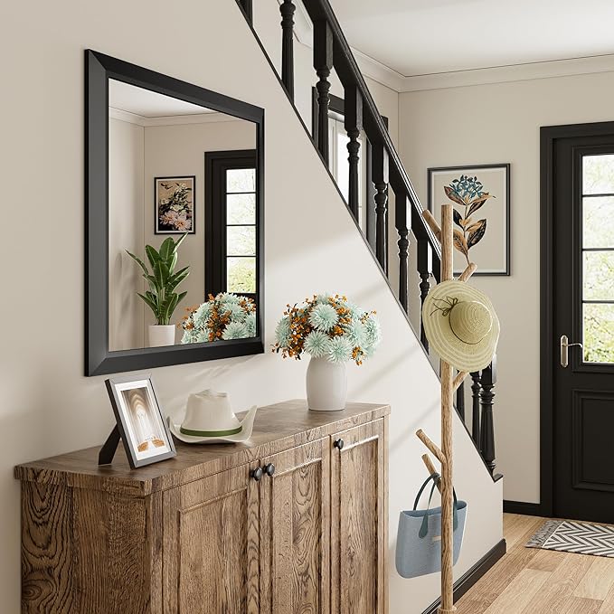 28x32 Inch Black Bathroom Mirror for Wall, Thick Metal Framed Rectangle Mirrors for Over Sink, Bedroom, Living Room, Entryway, Anti-Rust, HD Tempered Glass